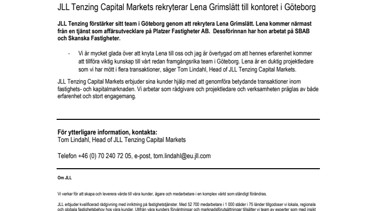 JLL Tenzing Capital Markets rekryterar Lena Grimslätt till kontoret i Göteborg