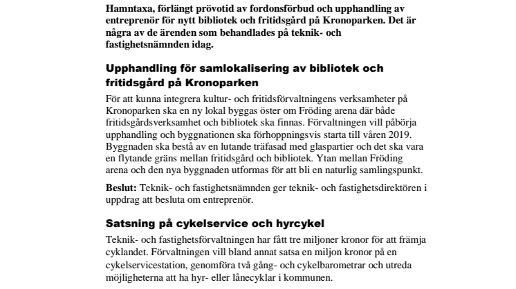 Beslut i korthet från teknik- och fastighetsnämnden 12 december