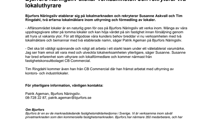 Bjurfors Näringsliv utökar verksamheten och rekryterar två lokaluthyrare