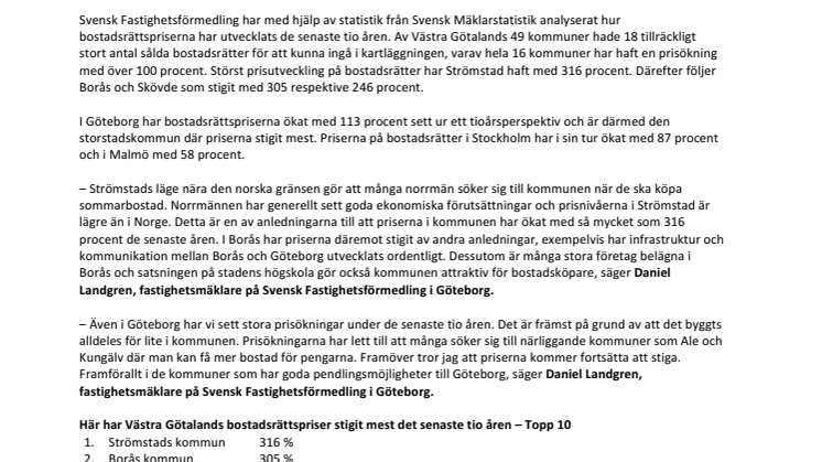 Så mycket har bostadsrättspriserna i Västra Götaland ökat på 1, 5 och 10 år