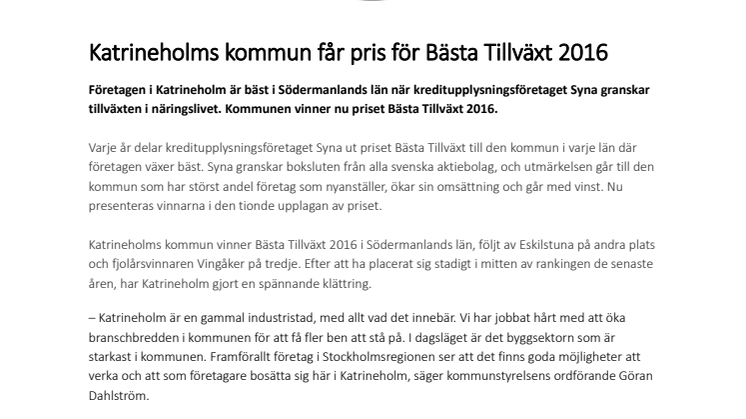 Katrineholms kommun får pris för Bästa Tillväxt 2016