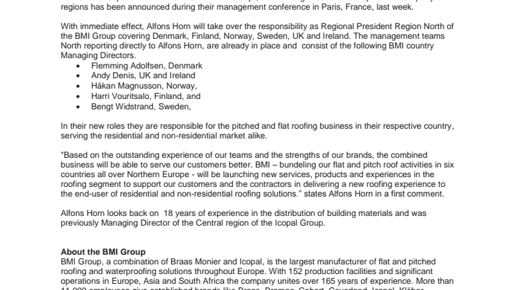 BMI Group announces new organizational structure for region north