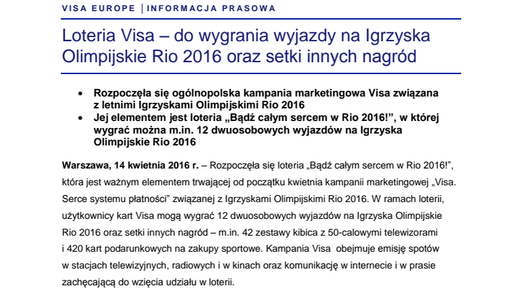 Loteria Visa – do wygrania wyjazdy na Igrzyska Olimpijskie Rio 2016 oraz setki innych nagród