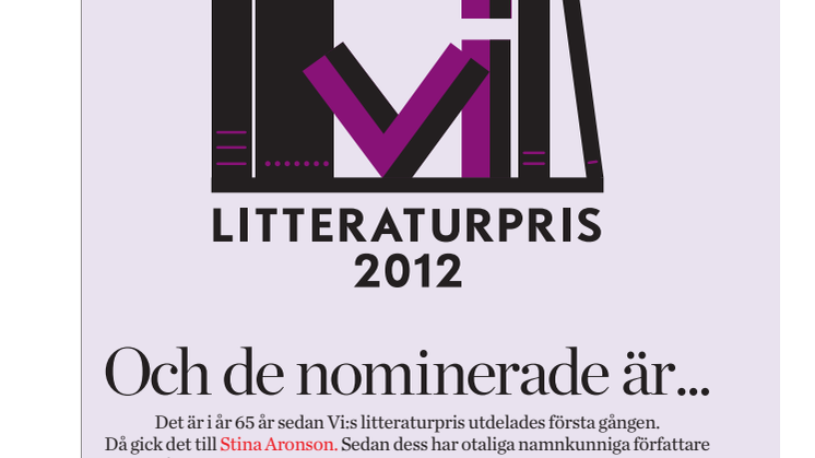 Nominerade Tidningen Vi:s litteraturpris 2012