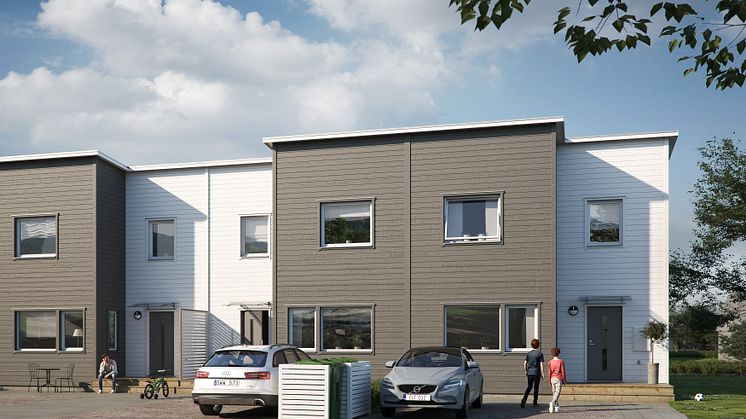 Illustration av entrésida med förstukvist och parkering, BoKlok Kajen i Ängelholm. 
