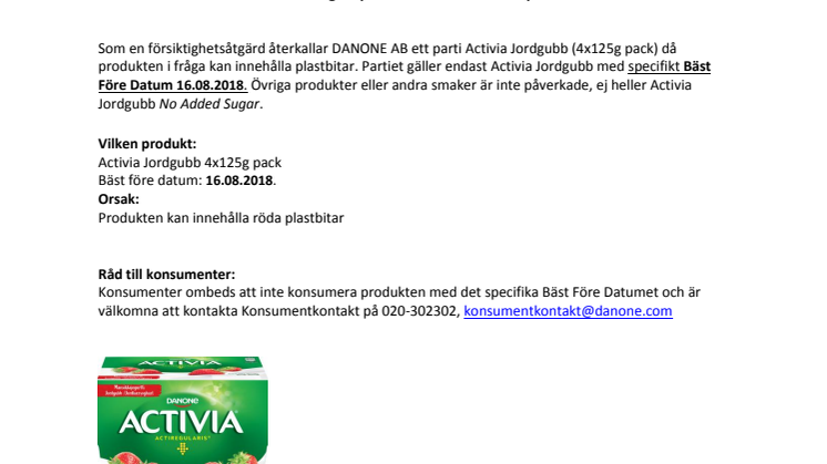 Återkallelse av Activia Jordgubb (4x125g pack) med Bäst Före Datum 16082018
