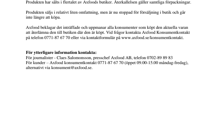 Axfood återkallar chokladprodukt från Dazzley