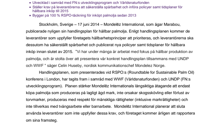 Mondelēz International presenterar handlingsplan för hållbar palmolja