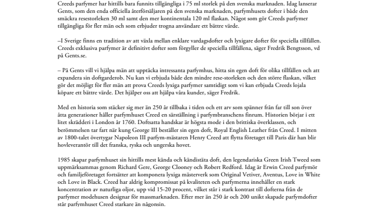 Gents lanserar exklusiva serier från parfymhuset Creed