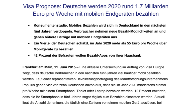Visa Prognose: Deutsche werden 2020 rund 1,7 Milliarden Euro pro Woche mit mobilen Endgeräten bezahlen