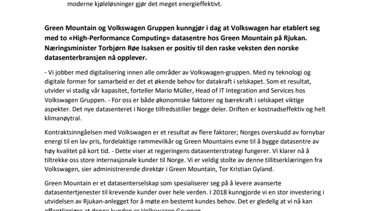 Offisiell åpningsseremoni hos Green Mountain:  Volkswagen Group åpner datasenter på Rjukan