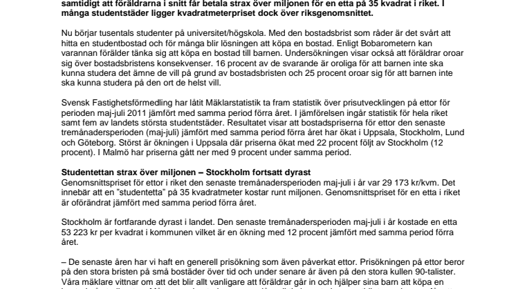 Bobarometern: Varannan förälder beredd att köpa studentbostad till barnen