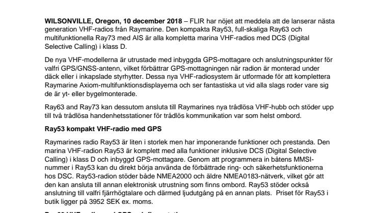 FLIR lanserar nästa generation VHF-radios från Raymarine