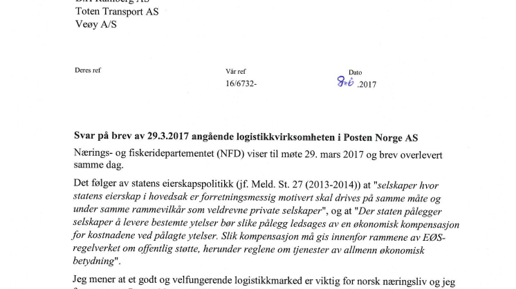 Svar på brev av 29.3.2017 angående logistikkvirksomheten i Posten Norge AS
