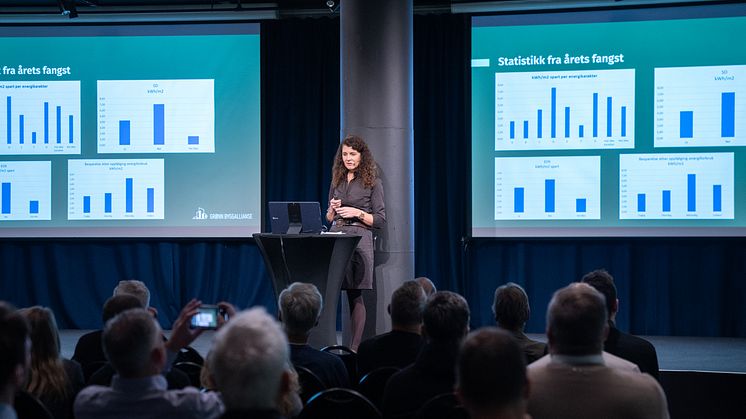daglig leder i Grønn Byggallianse, Katharina Th. Bramslev presenterte resultatene fra Fang energityven på Grønn driftskonferanse 14. november