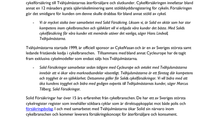 Solid Försäkringar tecknar avtal med en av Sveriges största cykelkedja
