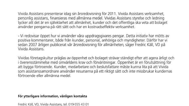 Vivida Assistans publicerar årsredovisningen för 2011