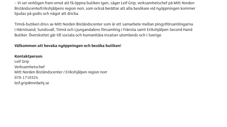 Erikshjälpen Second Hand i Timrå nyöppnar