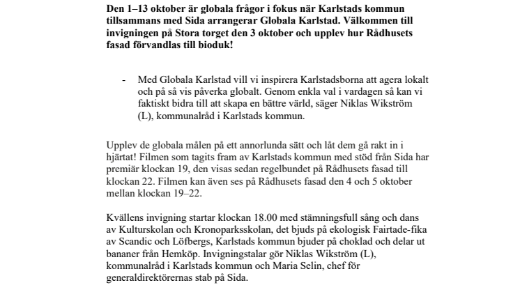 Pressinbjudan: Film på Rådhusets fasad inviger Globala Karlstad 