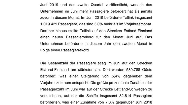 Tallink Grupp stellt zweiten Monat in Folge einen Passagierrekord auf und befördert im Juni auf den Strecken Estland-Finnland einen Passagierrekord