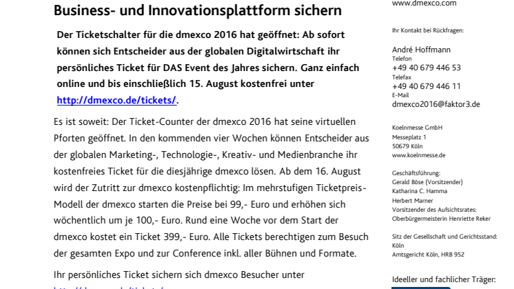 dmexco 2016: Jetzt Tickets für die globale Business- und Innovationsplattform sichern
