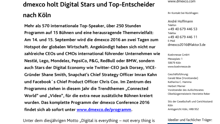 Launch des Conference Programms 2016: dmexco holt Digital Stars und Top-Entscheider nach Köln