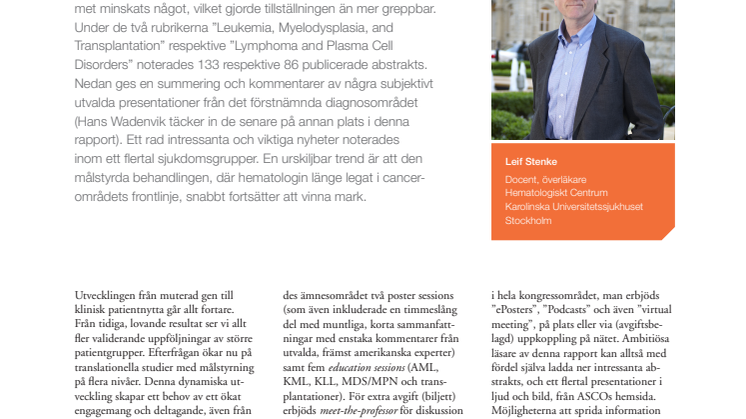 Överläkare Leif Stenke – Hematologi i cancerforskningens frontlinje med målstyrda behandlingar