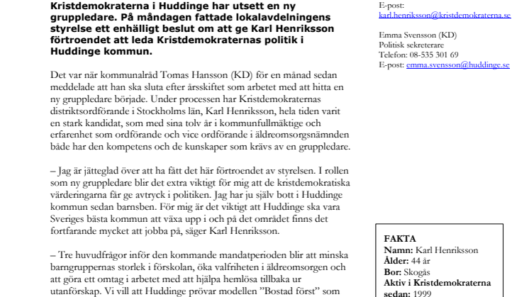 Karl Henriksson ny gruppledare för Kristdemokraterna i Huddinge