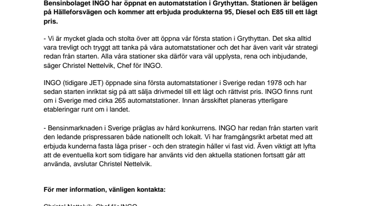 INGO har öppnat ny automatstation i Grythyttan
