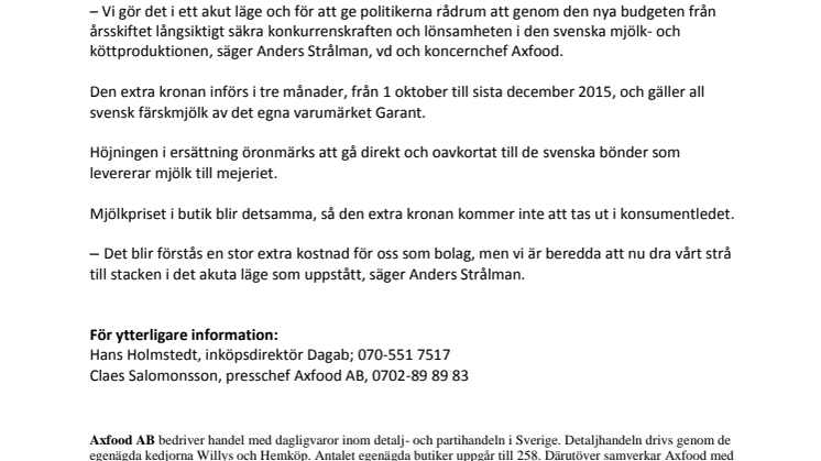 1 krona mer per liter till mjölkbonden