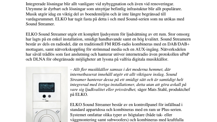 ELKO lanserar integrerad radio- och musikanläggning