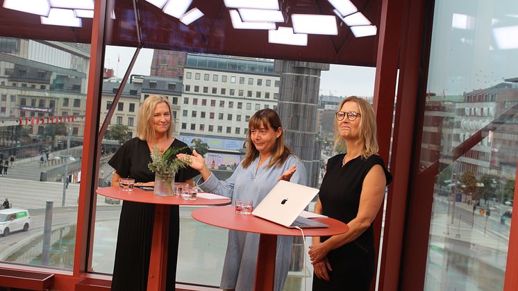 Tintin Jonasson, ordförande i styrelsen för Sustain Change, hälsar välkomna till historiens allra första Sustainable Human Business Day. Jag (Anna Ahrenfelt) till vänster om Tintin och vice vd Johanna Palmqvist till höger.