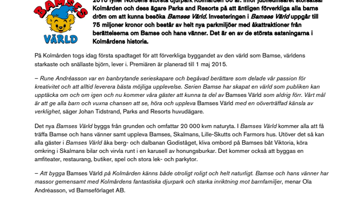 Bamseinvestering till Kolmårdens 50-årsjubileum
