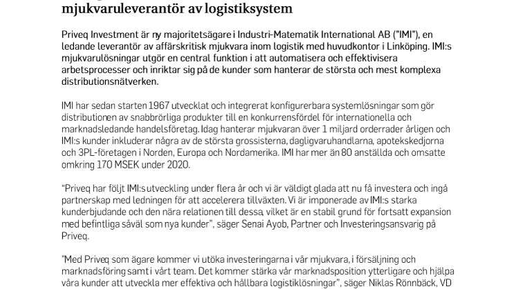 Priveq investerar i IMI – en ledande och nischad mjukvaruleverantör av logistiksystem