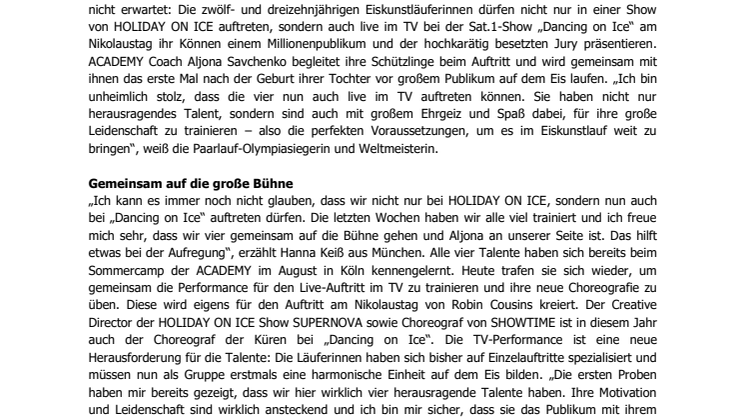 HOLIDAY ON ICE ACADEMY: Nachwuchstalente treten gemeinsam mit Olympiasiegerin Aljona Savchenko bei TV-Show „Dancing on Ice“ vor Millionenpublikum auf