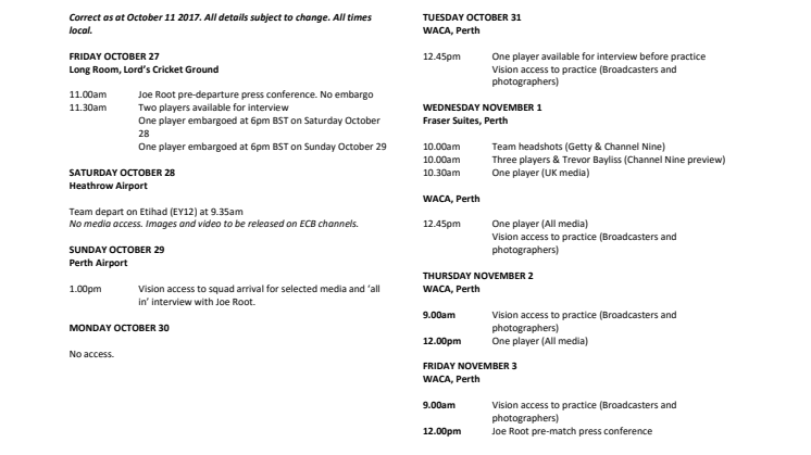 England's Ashes schedule in Australia 