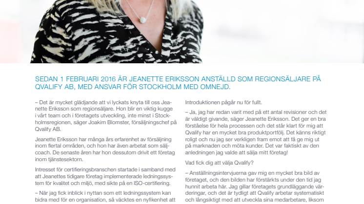 Jeanette Eriksson  – ny regionsäljare för Storstockholm 