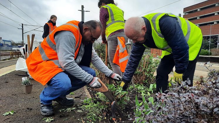 Volunteers get stuck in to help create the sensory garden 