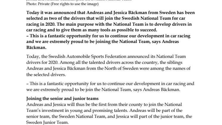 The Bäckman’s selected for the Swedish National Team