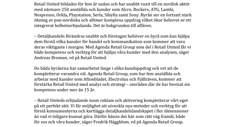 Retail United köper Agenda Retail Group