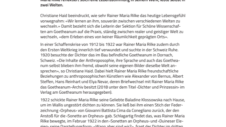 «Wann aber sind wir?». Leben und Werk Rainer Maria Rilkes am Goetheanum