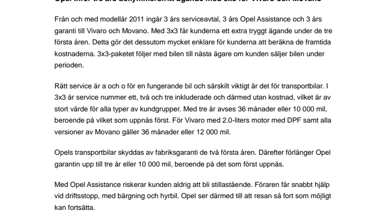 Opel inför tre års bekymmersfritt ägande med 3x3 för Vivaro och Movano