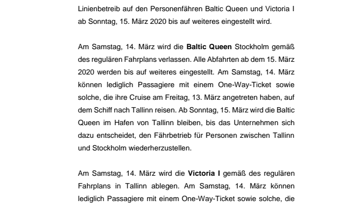 Tallink Silja stoppt Linienbetrieb auf Personenfähren zwischen Tallinn und Stockholm ab Sonntag, 15. März 2020