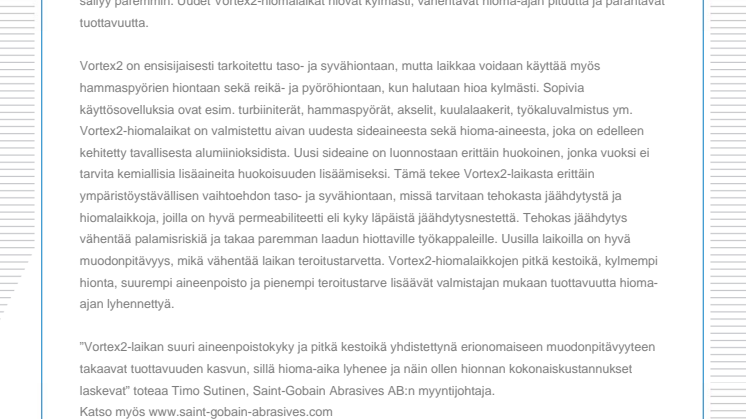 Uudet hiomalaikat taso- ja syvähiontaan lisäävät tuottavuutta