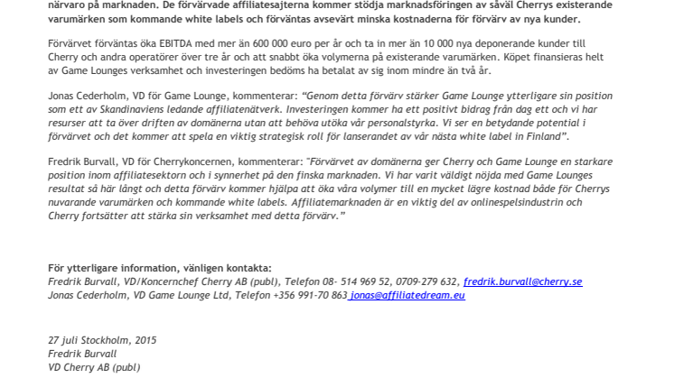 Cherryägda Game Lounge förvärvar ledande finsk affiliate för fortsatt expansion