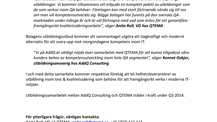 AddQ inleder utbildningssamarbete med ledande specialist inom test