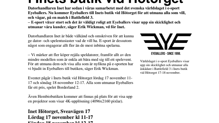 E-sport med världens bästa lag 17-18 nov. Eyeballers utmanar dig – i Inets butik vid Hötorget 