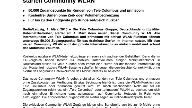 ​Tele Columbus und primacom starten Community WLAN