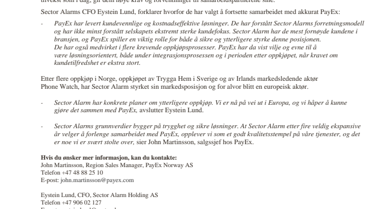 Sector og PayEx fortsetter samarbeidet