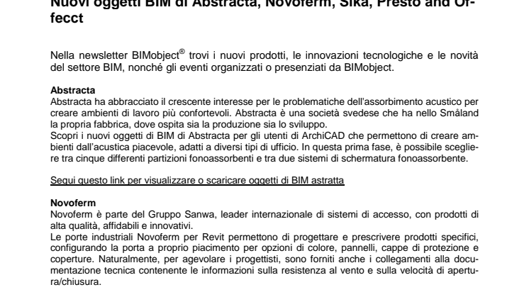 Nuovi oggetti BIM di Abstracta, Novoferm, Sika, Purus and Offecct